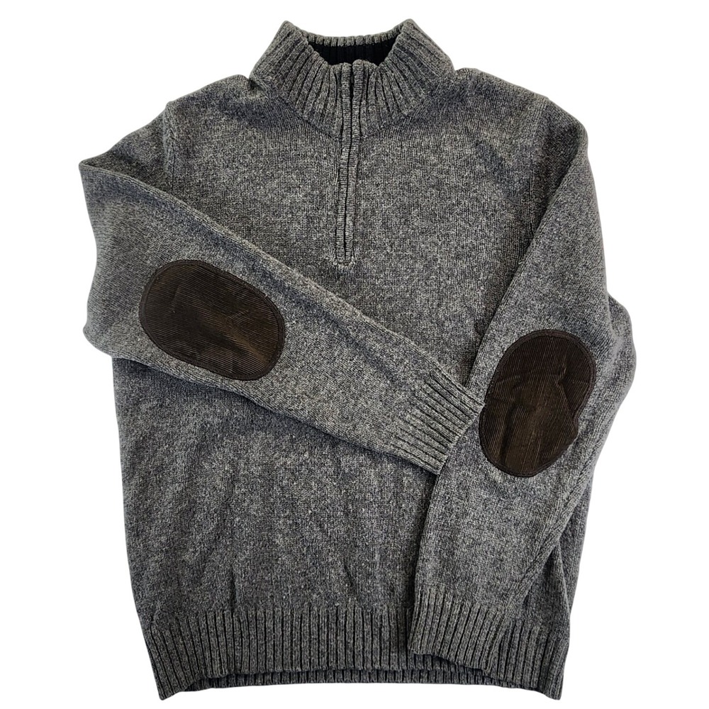 LL Bean Mens M Gray Shetland Wool Quarter Zip Sweater Elbow Patch Cabin Heritage